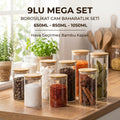 9'lu Bambu Kapaklı Cam Baharatlık ve Saklama Kavanozu Seti (650-850-1050 ml) - erkugo. dekoratif, işlevsel.