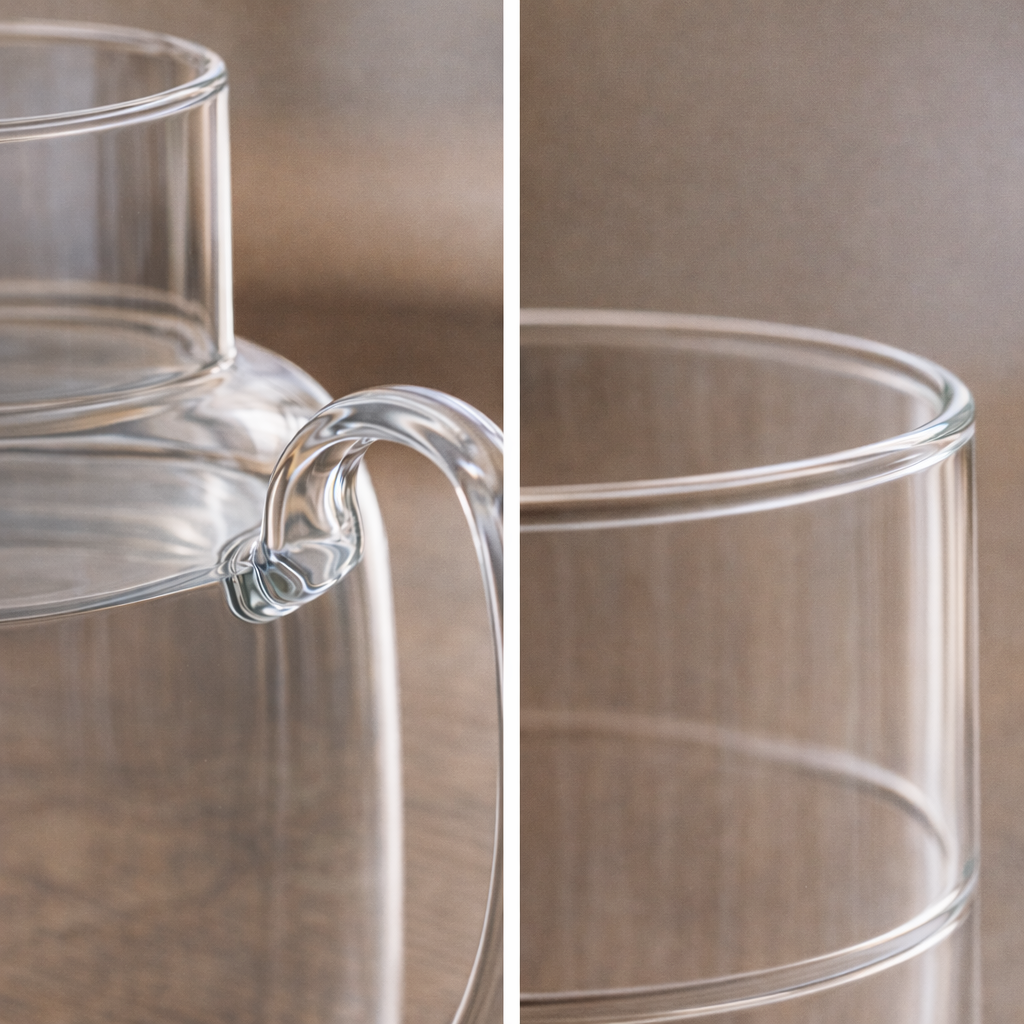 Bardaklı Borosilikat Cam Sürahi Seti – 1.5 Lt | Kulplu, Isıya Dayanıklı, Modern Tasarım