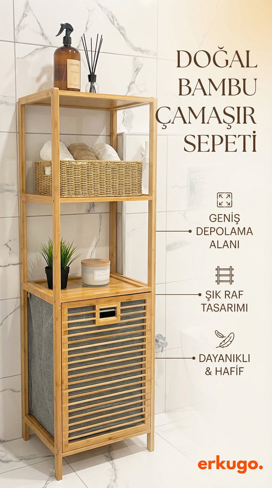 Bambu Kirli Sepetli Dolap, 3 Katlı, Çamaşır Sepeti, Banyo Dolabı