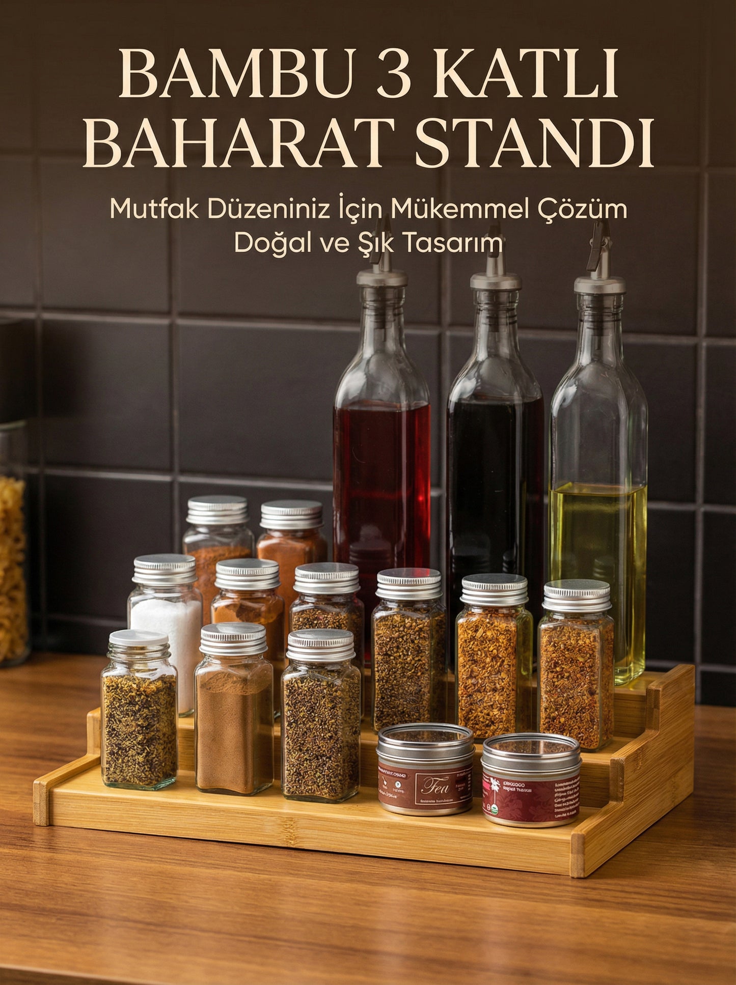 3 Katlı Bambu Stand Organizer, Baharatlık Düzenleyici