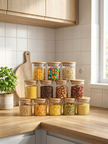 Borosilikat Baharatlık Seti, 12'li Set, Saklama Kabı, Bambu Kapak, 200ml