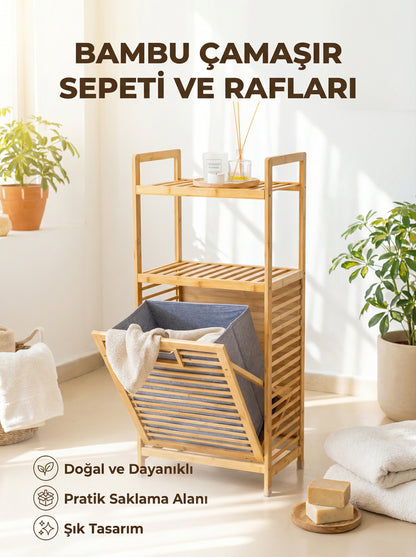 Bambu Kirli Sepetli Dolap, 2 Katlı, Çamaşır Sepeti, Banyo Dolabı