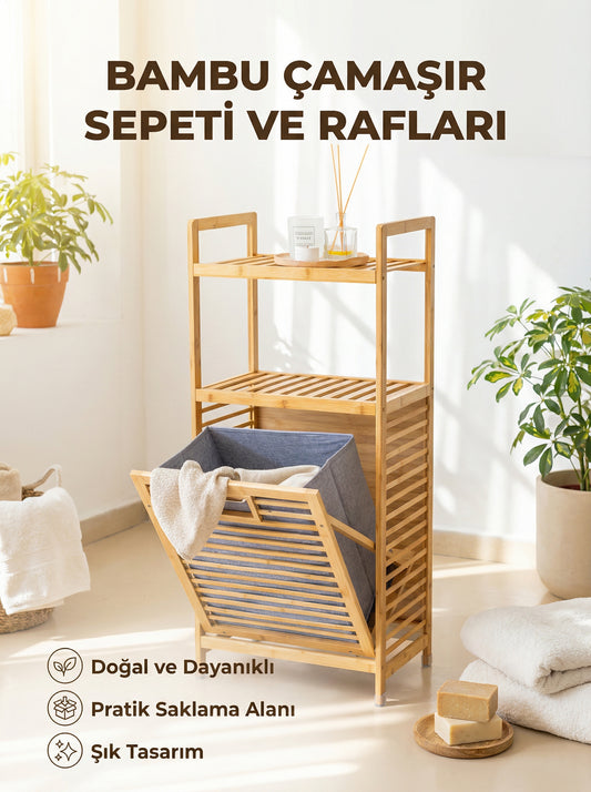 Bambu Kirli Sepetli Dolap, 2 Katlı, Çamaşır Sepeti, Banyo Dolabı