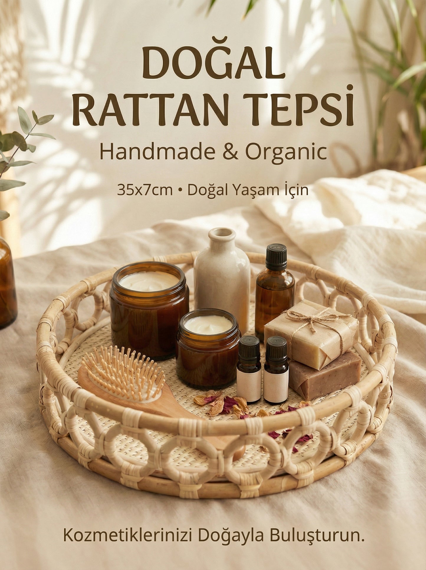 Doğal Rattan Tepsi, Sepet, 35x7cm, Handmade