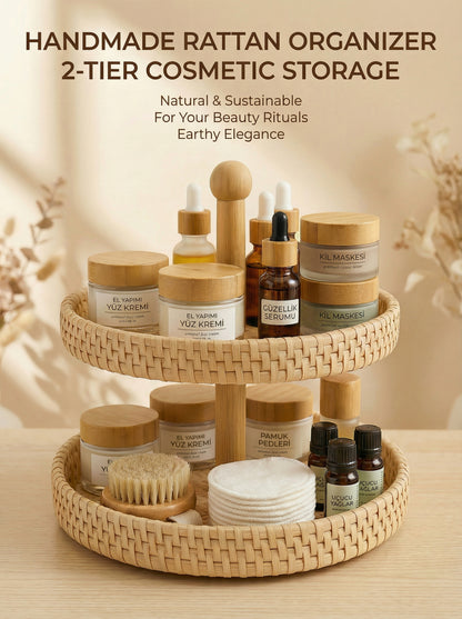 Doğal Rattan Sunum Standı, Handmade, 2 Katlı