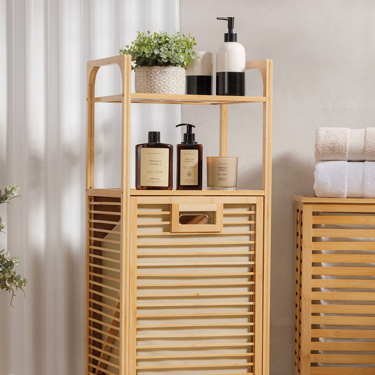 Bambu Kirli Sepetli Dolap, 2 Katlı, Çamaşır Sepeti, Banyo Dolabı