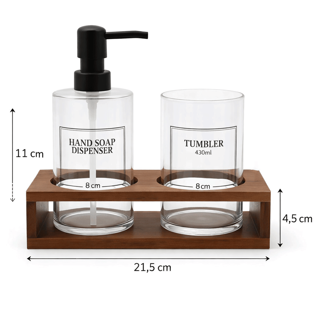 Akasya Stantlı Tumbler Cam Sabunluk ve Diş Fırçalık Seti, Banyo Sıvı Sabunluk 430ml - erkugo. dekoratif, işlevsel.
