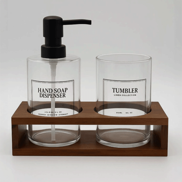 Akasya Stantlı Tumbler Cam Sabunluk ve Diş Fırçalık Seti, Banyo Sıvı Sabunluk 430ml - erkugo. dekoratif, işlevsel.