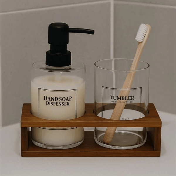 Akasya Stantlı Tumbler Cam Sabunluk ve Diş Fırçalık Seti, Banyo Sıvı Sabunluk 430ml - erkugo. dekoratif, işlevsel.
