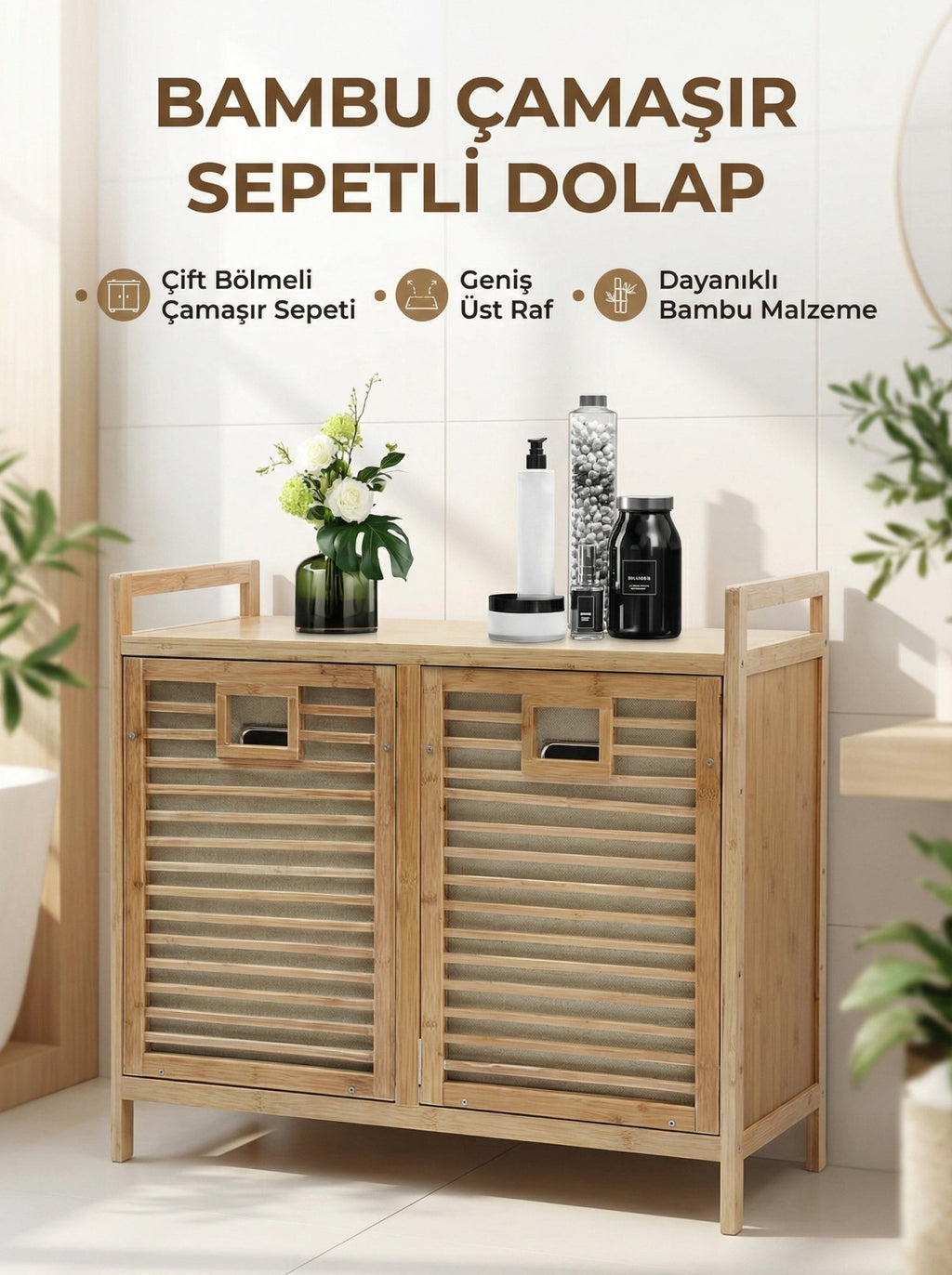 Bambu 2 Bölmeli Kirli Sepeti – Bambu Çamaşır Sepeti (78 x 72 x 30) cm - erkugo. dekoratif, işlevsel.