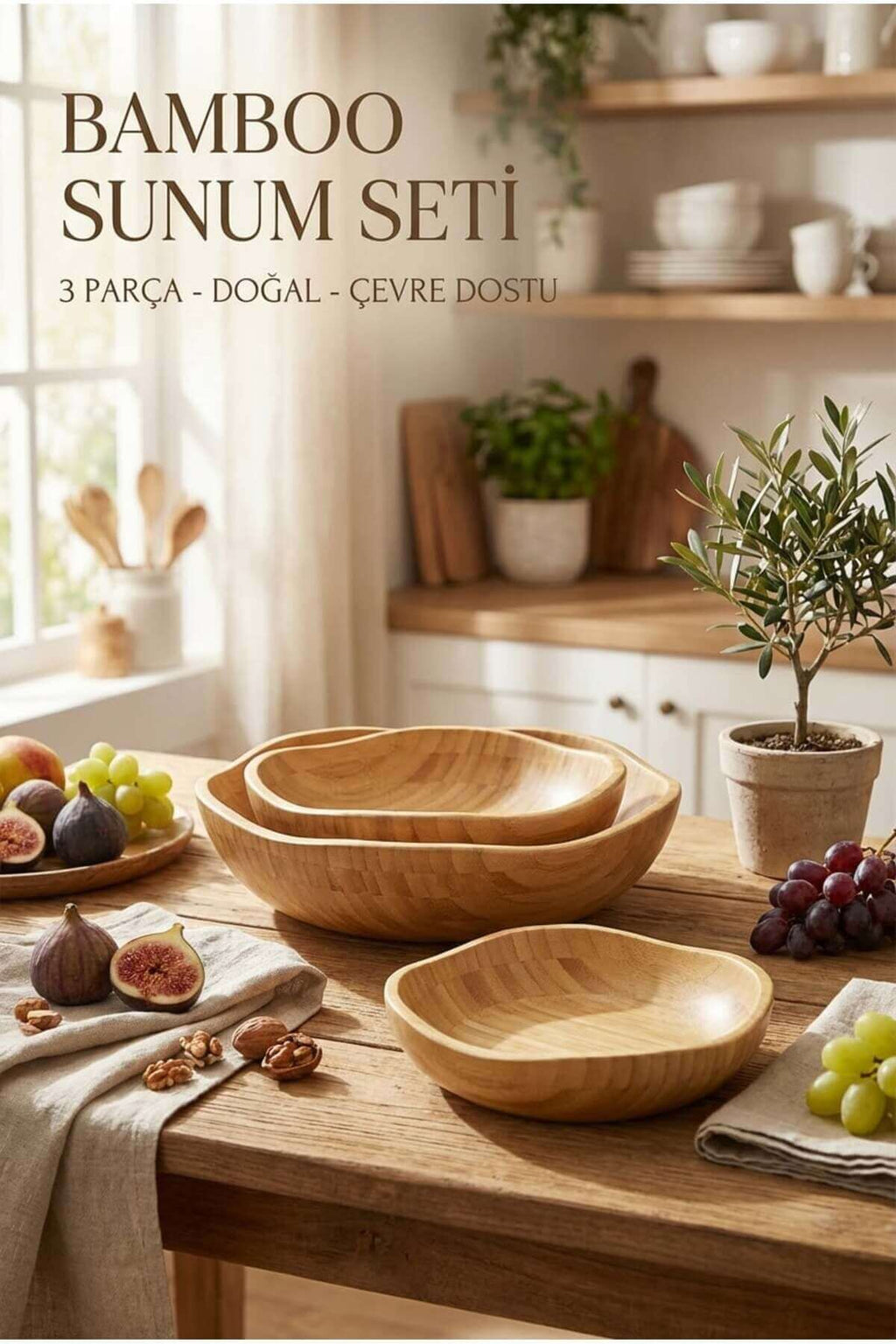Bambu 3’lü Salata Kasesi, Daisy Sunum Kasesi, Dalgalı Kase, İskandinav Kase Seti - erkugo. dekoratif, işlevsel.
