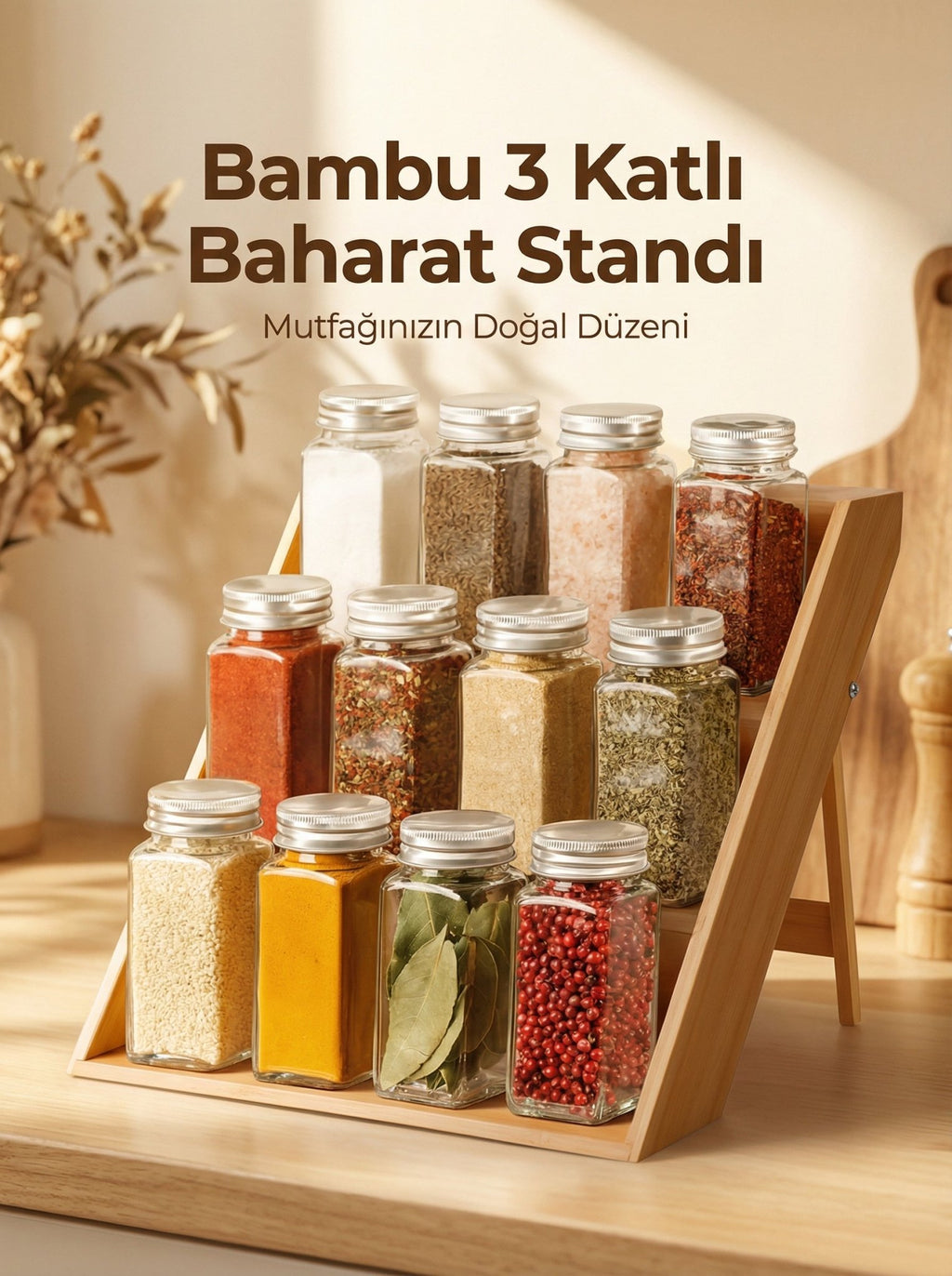 Bambu Baharat Standı, Katlanır Ayaklı, 3 Katlı - erkugo. dekoratif, işlevsel.