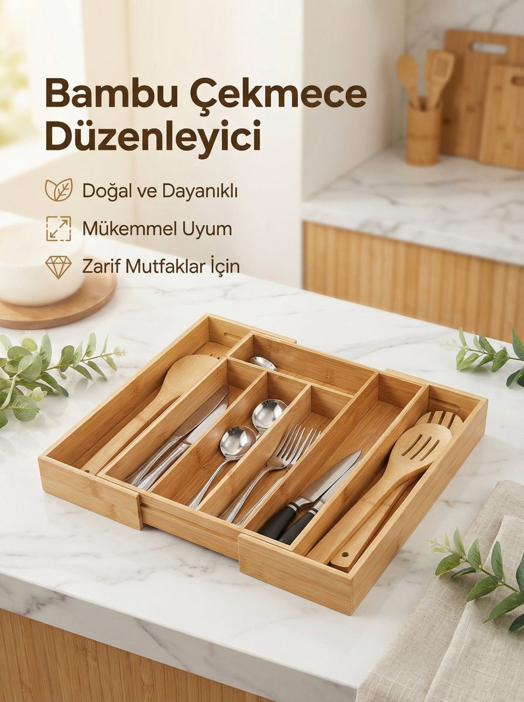 Bambu Çekmece Organizeri, Kaşıklık, 5-7 Bölmeli - erkugo. dekoratif, işlevsel.