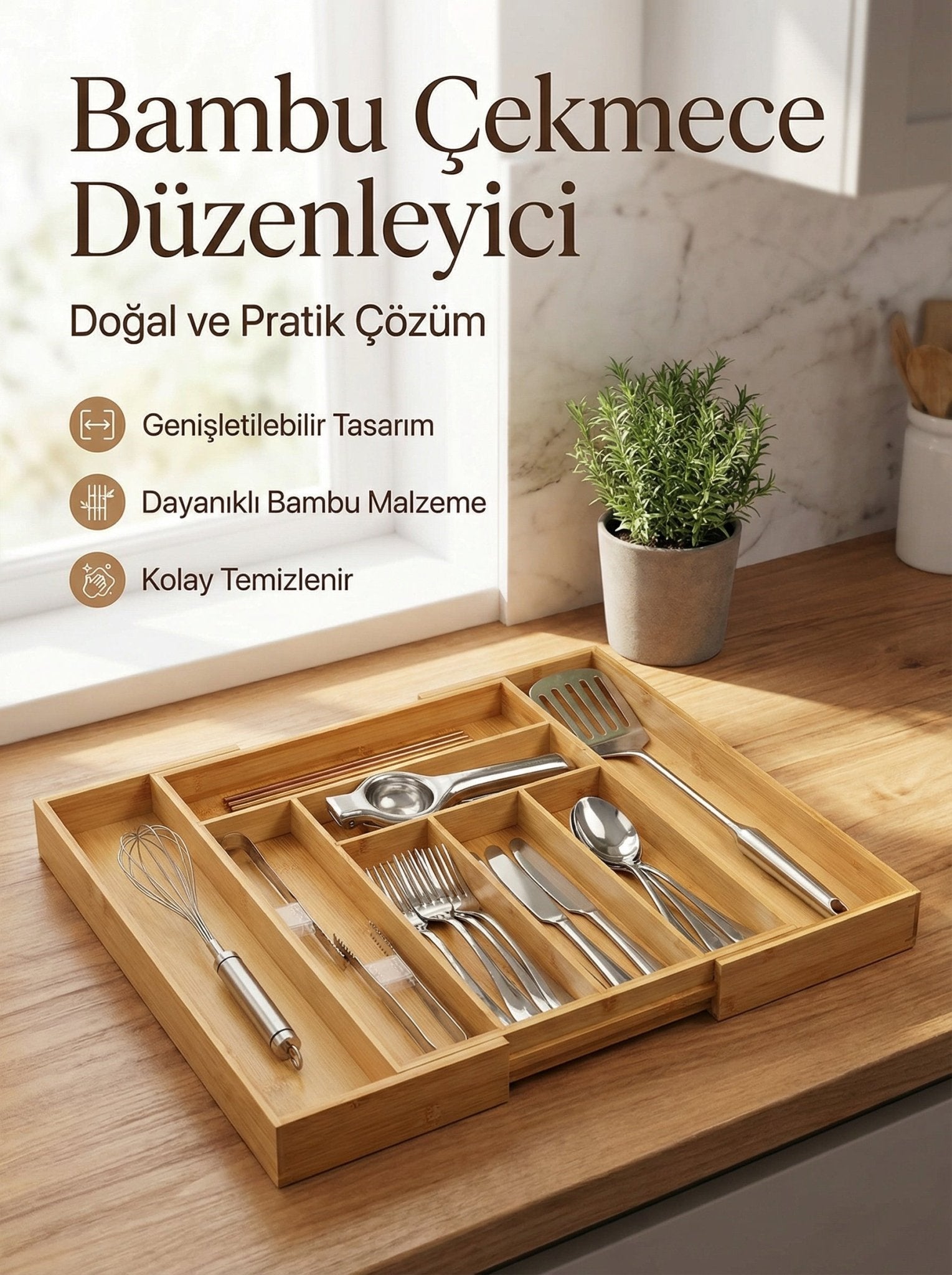 Bambu Çekmece Organizeri, Kaşıklık, 6 - 8 Bölmeli - erkugo. dekoratif, işlevsel.