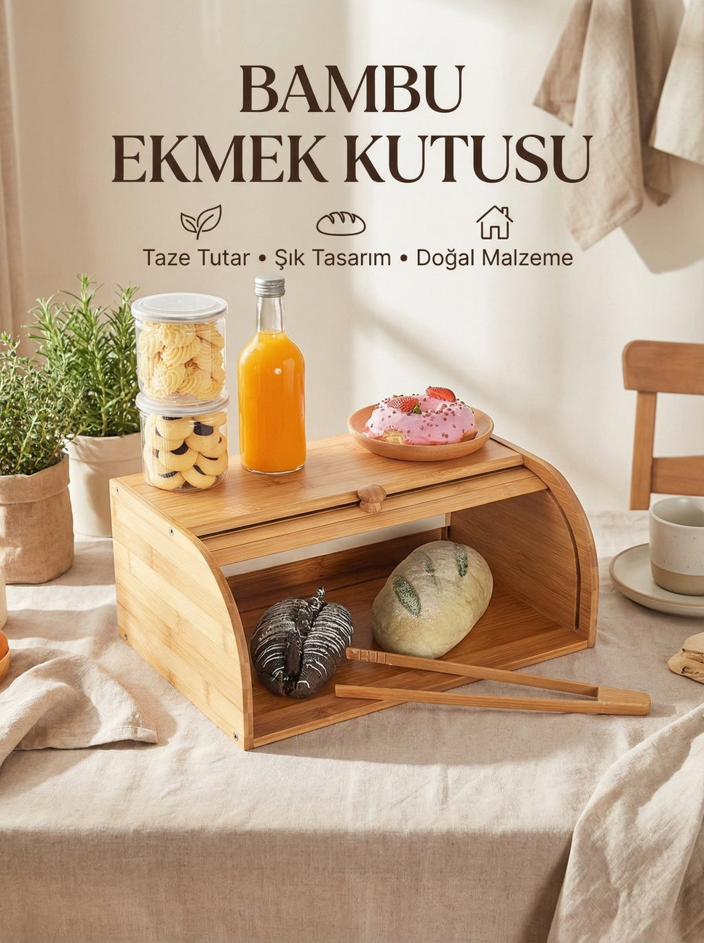 Bambu Ekmek Saklama Kutusu, Sürgü Kapaklı - erkugo. dekoratif, işlevsel.