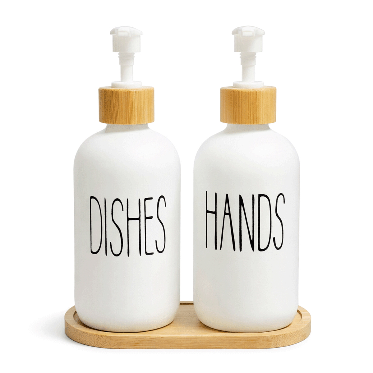 Bambu Standlı 2’li Cam Sıvı Sabunluk Seti 550 ml | Hands & Dishes Yazılı | Mutfak ve Banyo İçin Doğal Bambu Organizer - erkugo. dekoratif, işlevsel.