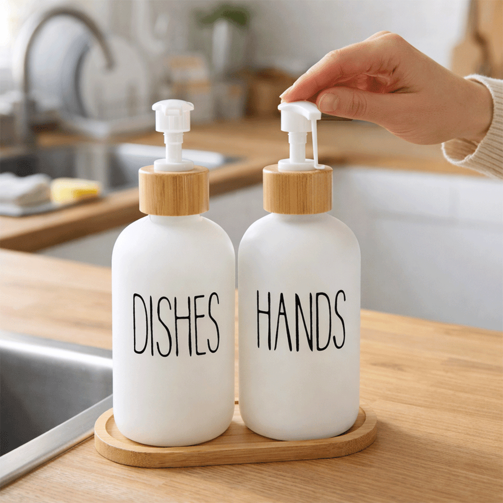 Bambu Standlı 2’li Cam Sıvı Sabunluk Seti 550 ml | Hands & Dishes Yazılı | Mutfak ve Banyo İçin Doğal Bambu Organizer sabunluk