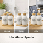 Bambu Standlı 2’li Cam Sıvı Sabunluk Seti 550 ml | Hands & Dishes Yazılı | Mutfak ve Banyo İçin Doğal Bambu Organizer sabunluk