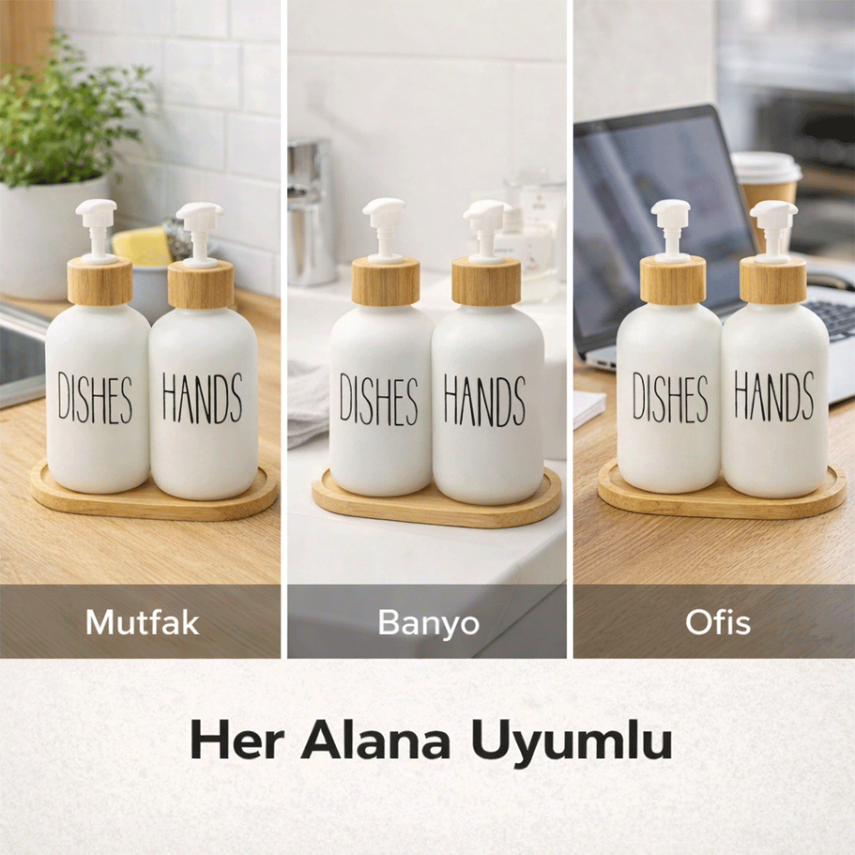 Bambu Standlı 2’li Cam Sıvı Sabunluk Seti 550 ml | Hands & Dishes Yazılı | Mutfak ve Banyo İçin Doğal Bambu Organizer sabunluk