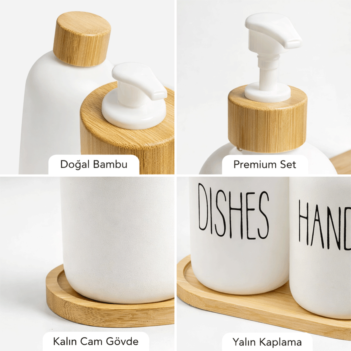 Bambu Standlı 2’li Cam Sıvı Sabunluk Seti 550 ml | Hands & Dishes Yazılı | Mutfak ve Banyo İçin Doğal Bambu Organizer sabunluk