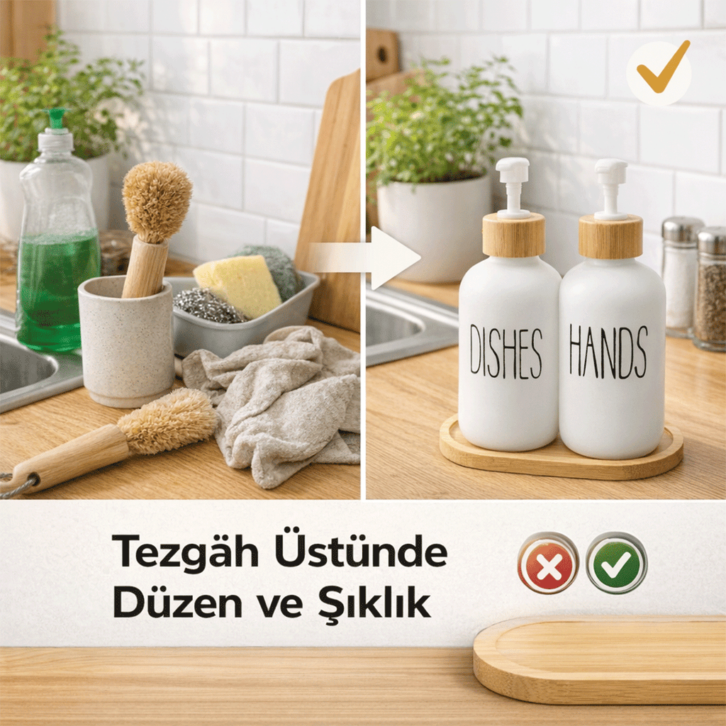 Bambu Standlı 2’li Cam Sıvı Sabunluk Seti 550 ml | Hands & Dishes Yazılı | Mutfak ve Banyo İçin Doğal Bambu Organizer sabunluk