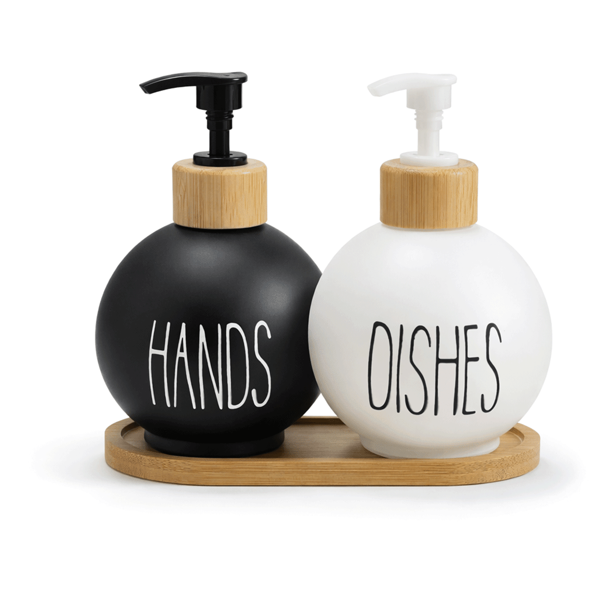 Bambu Stantlı Top Model Cam Sabunluk, Hands & Dishes 500 ml Sıvı Sabunluk Seti - erkugo. dekoratif, işlevsel.
