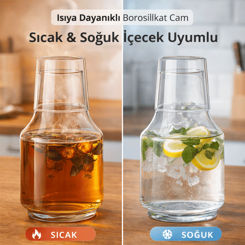 Bardaklı Borosilikat Cam Sürahi  Isıya Dayanıklı Şeffaf Su ve Soğuk İçecek Sürahisi - erkugo. dekoratif, işlevsel.