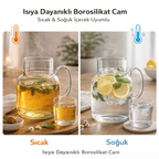 Bardaklı Borosilikat Cam Sürahi Seti – 1.5 Lt | Kulplu, Isıya Dayanıklı, Modern Tasarım - erkugo. dekoratif, işlevsel.