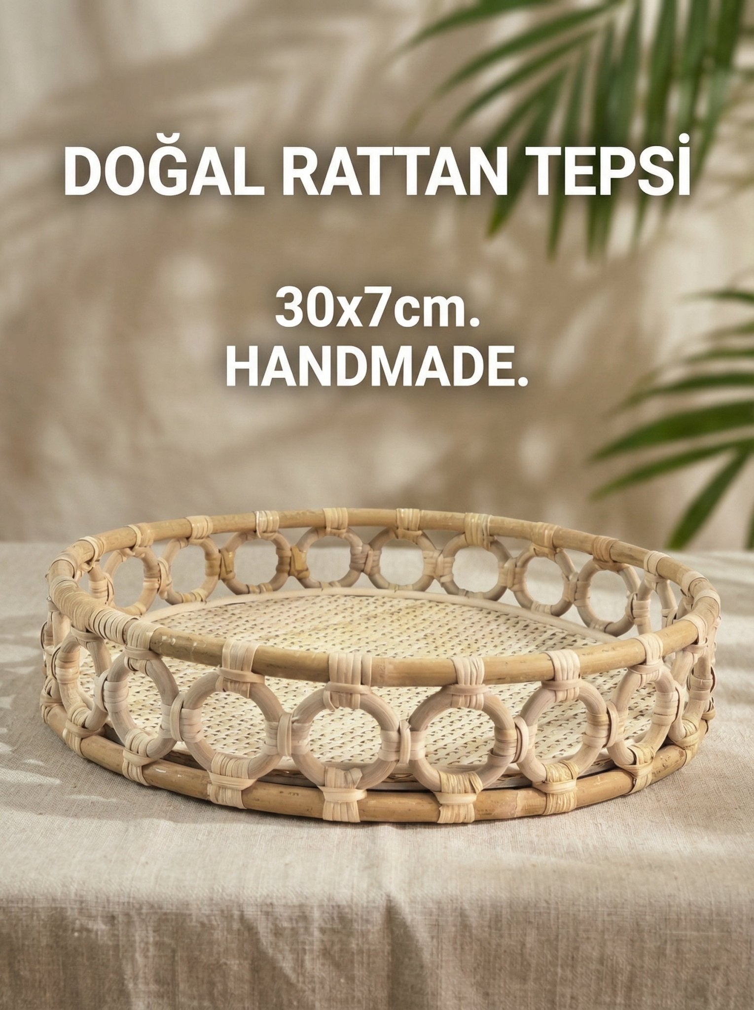 Doğal Rattan Tepsi, Sepet, 30x7cm, Handmade - erkugo. dekoratif, işlevsel.