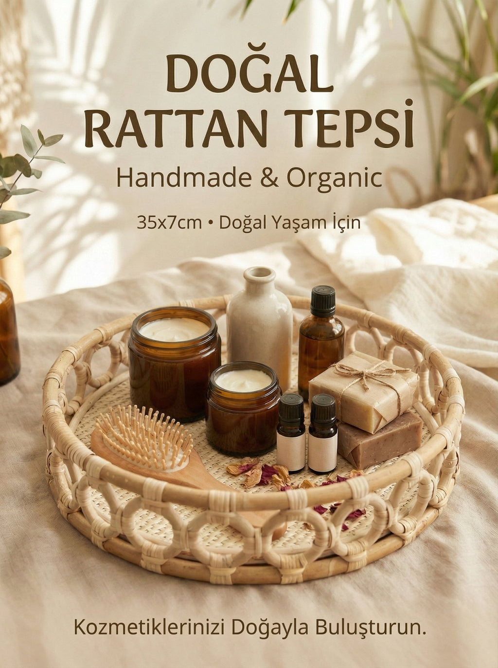Doğal Rattan Tepsi, Sepet, 35x7cm, Handmade - erkugo. dekoratif, işlevsel.