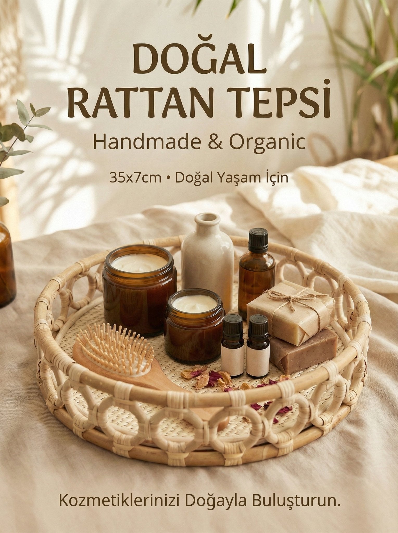 Doğal Rattan Tepsi, Sepet, 35x7cm, Handmade - erkugo. dekoratif, işlevsel.