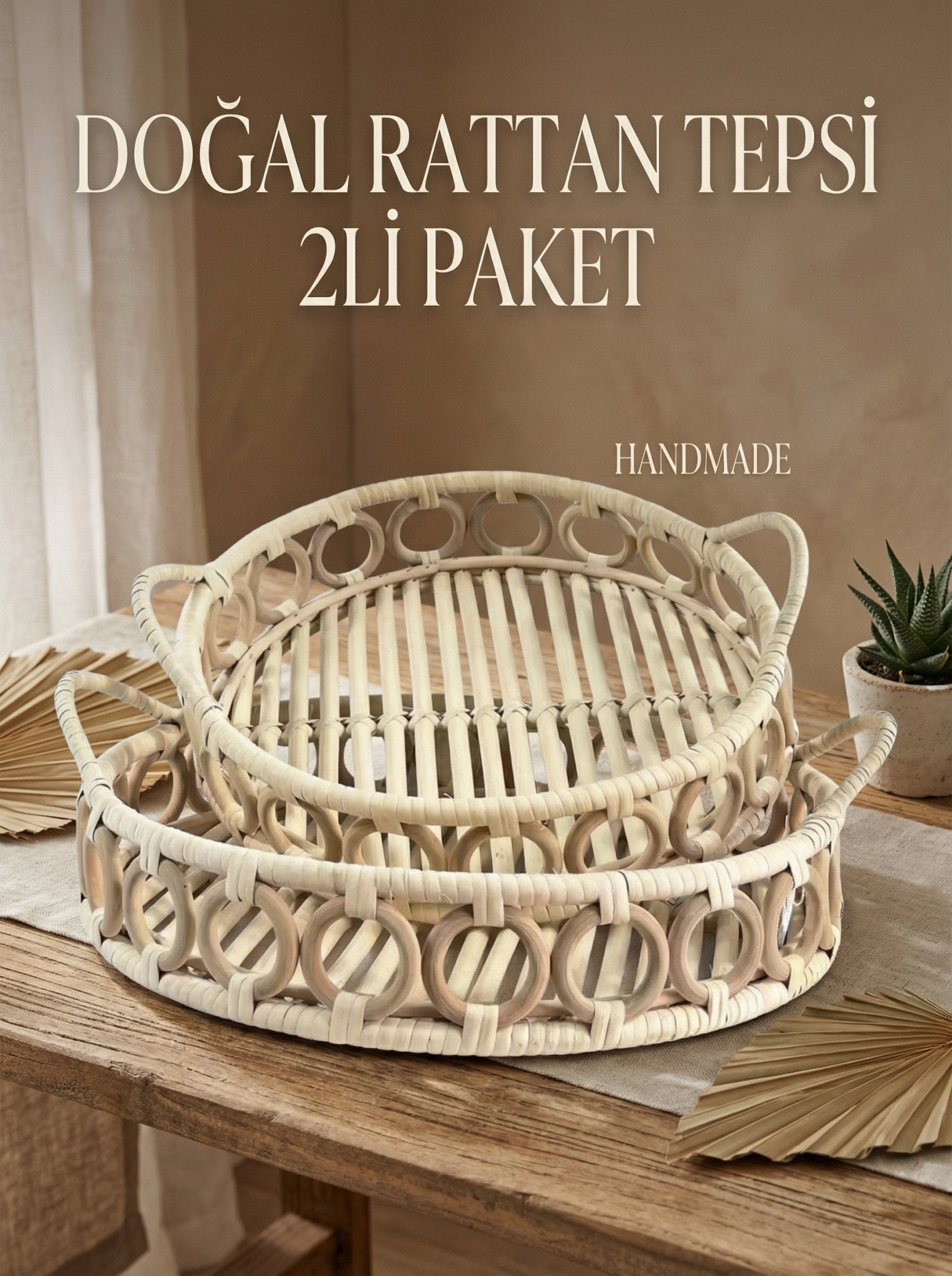 トヴァ　コフレセット　TOVA Doğal Rattan Tepsi Seti, Handmade – erkugo. dekoratif, işlevsel.