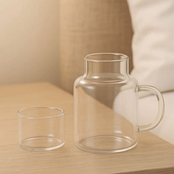 Borosilikat Cam Başucu Sürahi ve Bardak – 2'si 1 Arada Kapaklı Tasarım 600ml