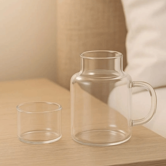Borosilikat Cam Başucu Sürahi ve Bardak – 2'si 1 Arada Kapaklı Tasarım 600ml