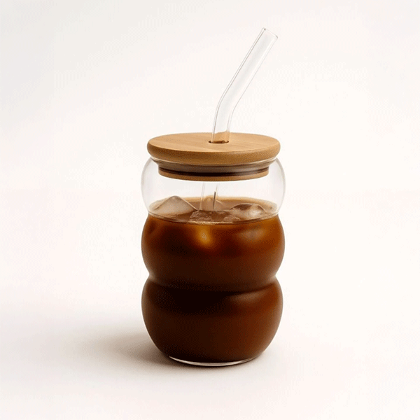 Bubble Borosilikat Cam Bardak – Isıya Dayanıklı 600 ml - Bambu Kapaklı