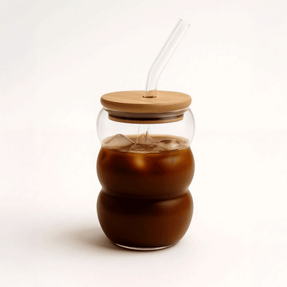Bubble Borosilikat Cam Bardak – Isıya Dayanıklı 600 ml - Bambu Kapaklı