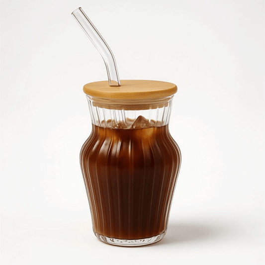 Çizgili Chubby Borosilikat Cam Bardak – 500 ml - Bambu Kapaklı