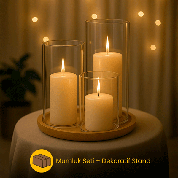 Dekoratif 4'lü Set, Bambu Sunumluk ve 3'lü Mumluk Seti, Isıya Dayanıklı Borosilikat Cam Mumluklar