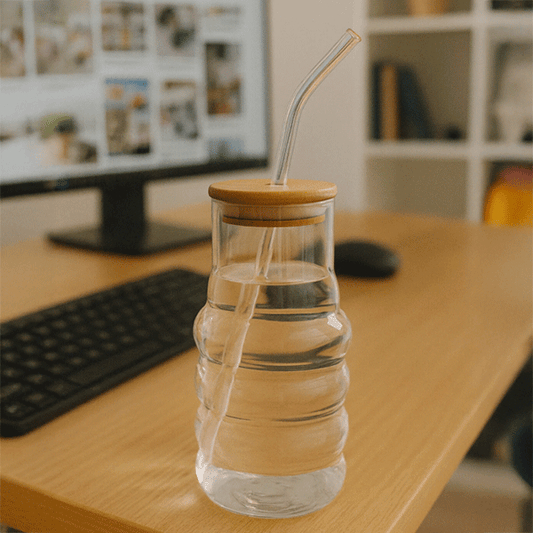 Bambu Kapaklı Motivasyon Cam Bardak / Suluk, 900 ml, Pipet Hediyeli