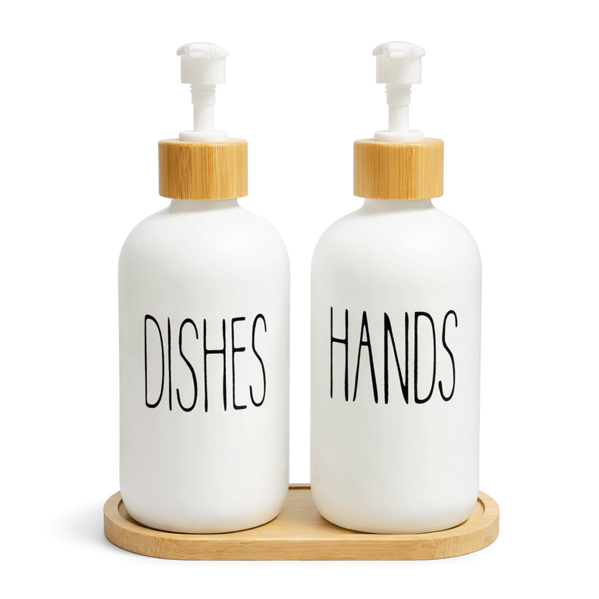 Bambu Standlı 2’li Cam Sıvı Sabunluk Seti 550 ml | Hands & Dishes Yazılı | Mutfak ve Banyo İçin Doğal Bambu Organizer