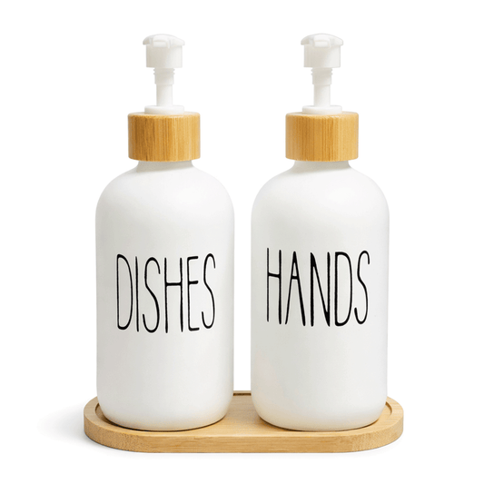Bambu Standlı 2’li Cam Sıvı Sabunluk Seti 550 ml | Hands & Dishes Yazılı | Mutfak ve Banyo İçin Doğal Bambu Organizer