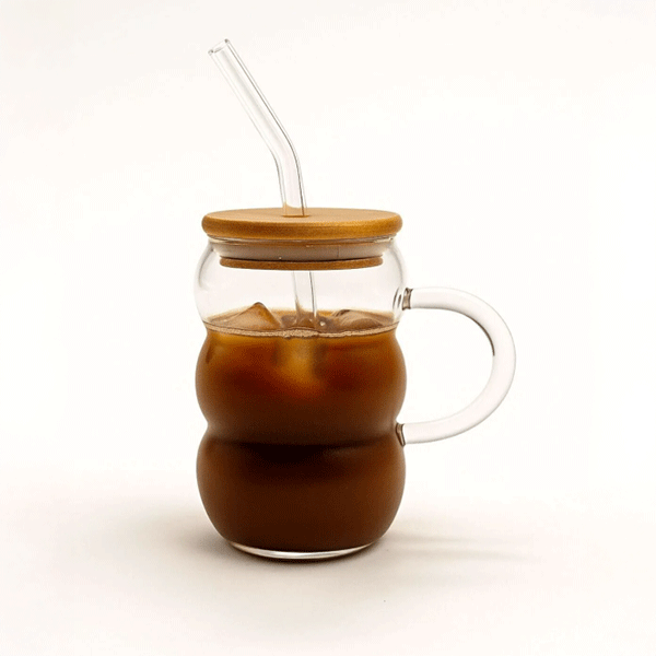 Bubble Kulplu Borosilikat Cam Bardak – Isıya Dayanıklı 600 ml - Bambu Kapaklı