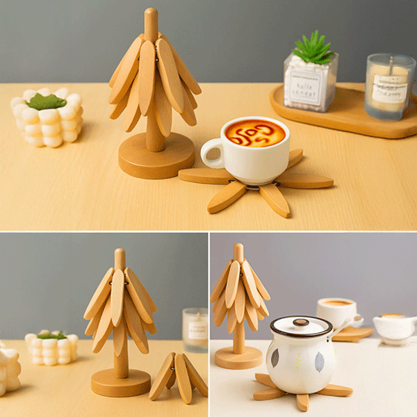 Bambu Nihale Seti, Standlı 4'lü Isıya Dayanıklı Bardak ve Tencere Altı Katlanır Nihale