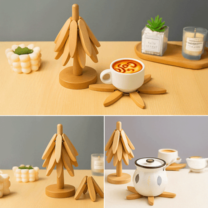 Bambu Nihale Seti, Standlı 4'lü Isıya Dayanıklı Bardak ve Tencere Altı Katlanır Nihale