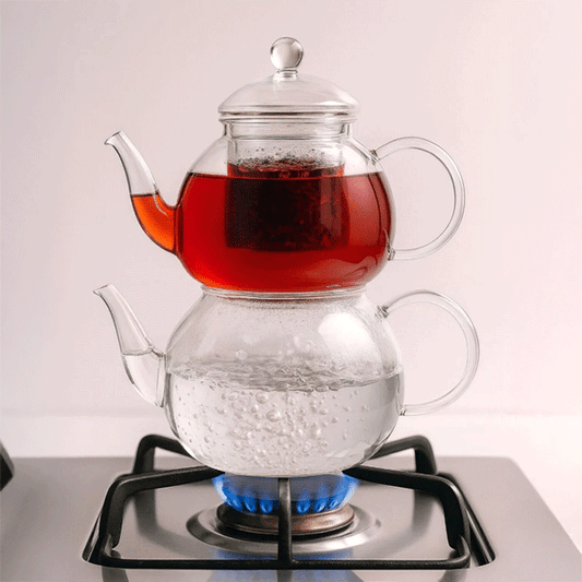 Elegan 600+1000ml Cam Süzgeçli Borosilikat Cam Demlik, Isıya Dayanıklı Cam Kapaklı, Çaydanlık