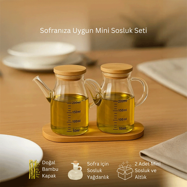 Mini Yağdanlık ve Sosluk Seti, Bambu Stantlı ve Vakumlu Bambu Kapaklı, 2'li 200 Ml Salata Seti