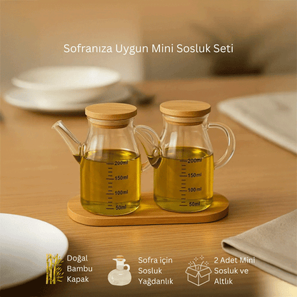 Mini Yağdanlık ve Sosluk Seti, Bambu Stantlı ve Vakumlu Bambu Kapaklı, 2'li 200 Ml Salata Seti