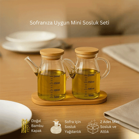 Mini Yağdanlık ve Sosluk Seti, Bambu Stantlı ve Vakumlu Bambu Kapaklı, 2'li 200 Ml Salata Seti