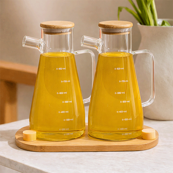 3'lü Yağdanlık Seti, 2 Adet 900 ml Yağdanlık ve Bambu Stant, Vakumlu Bambu Kapak