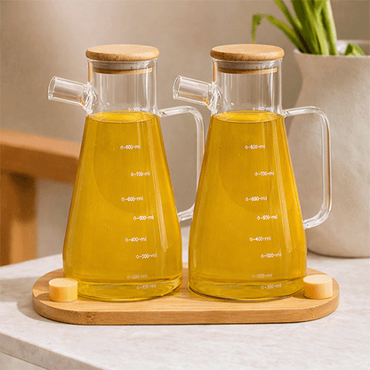 3'lü Yağdanlık Seti, 2 Adet 900 ml Yağdanlık ve Bambu Stant, Vakumlu Bambu Kapak